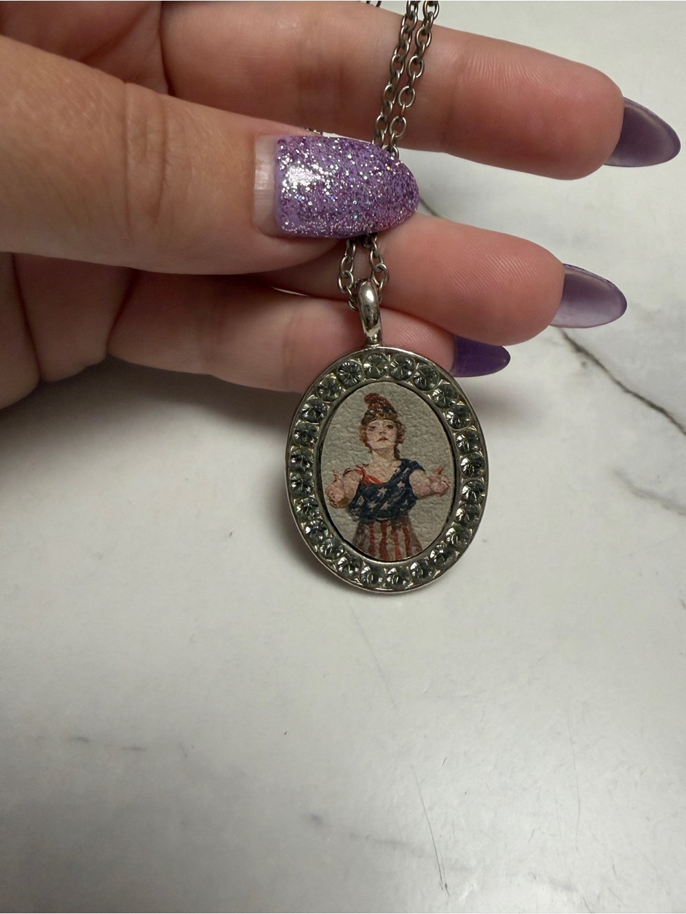 Vintage Tarina Tarantino Rhinestone Lady Liberty Pendant Necklace - Silver